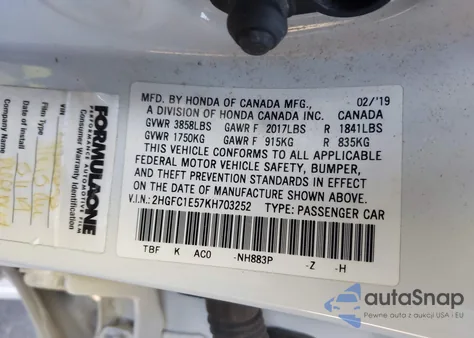 2019 Honda Civic Si z USA, uszkodzony, nr VIN 2HGFC1E57KH703252